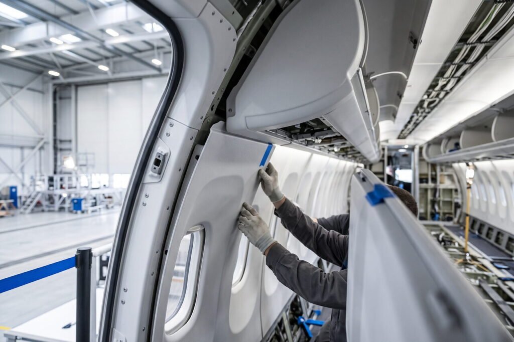 Instalación de paneles plásticos termoformados en cabina de avión