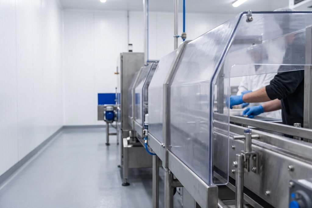 Línea de procesamiento de alimentos con guardas de policarbonato transparente