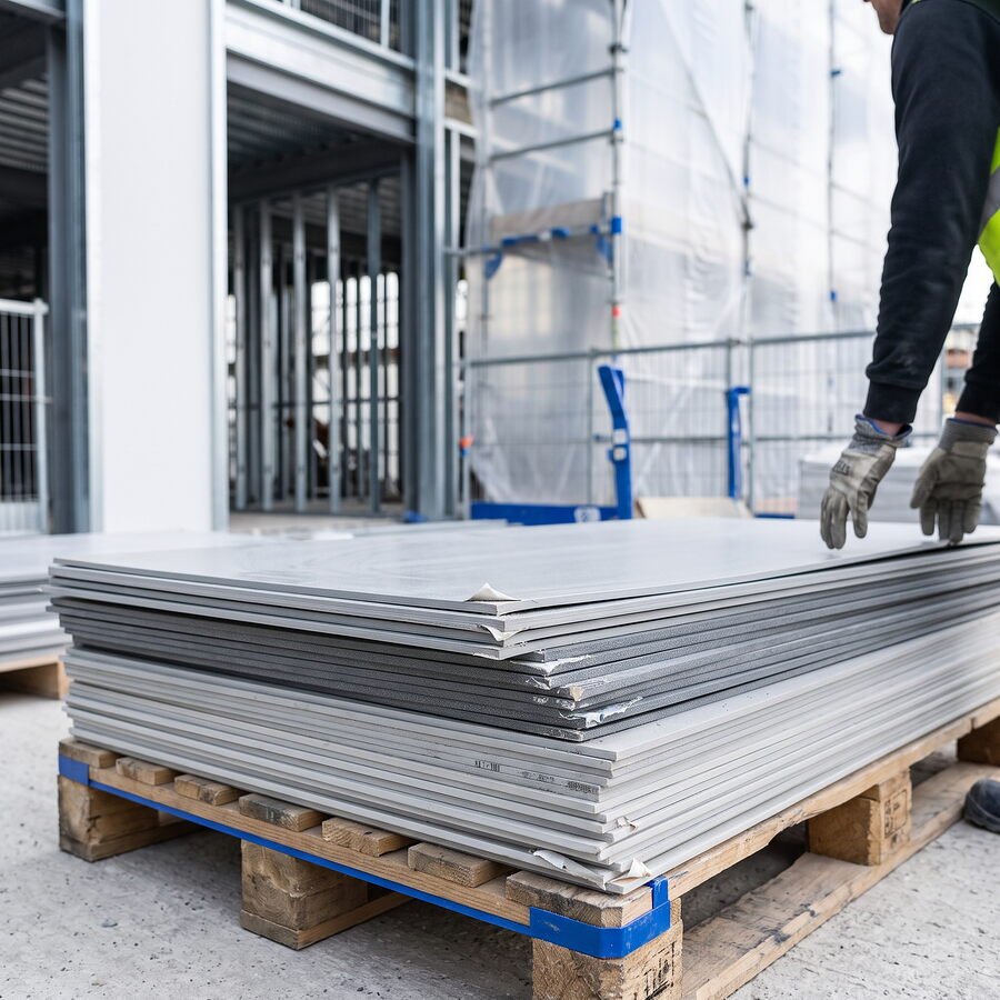 Láminas plásticas para construcción sobre tarima en obra